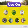 An informational graphic with a bright yellow background and a purple header reading 'Use On.' It shows several circular photos of outdoor surfaces and objects, including a perimeter, lawns/gardens, garden sheds, woodpiles, decks/patios, cabins/RV, and picnic areas, with white text labels underneath.