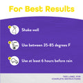 Instruction graphic with the heading 'For Best Results' and three numbered usage tips on a purple background: shake well, use between 35-85 degrees F, and use at least 6 hours before rain.