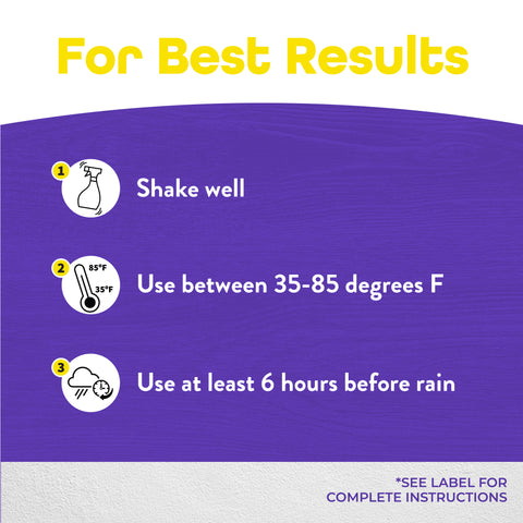 Instruction graphic with the heading 'For Best Results' and three numbered usage tips on a purple background: shake well, use between 35-85 degrees F, and use at least 6 hours before rain.