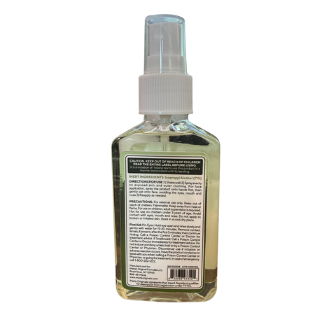 A clear plastic spray bottle filled with a pale yellow-green liquid, shown from the back with a white spray top and a large black product information label. The brand name 'Beach of California' is partially visible at the top of the label.