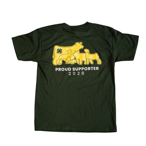 A dark forest green short-sleeve t-shirt shown from the back, featuring a yellow graphic of a cow and calves with a clover emblem, and the text 'PROUD SUPPORTER 2026' printed below in white.