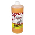 Saratoga Veterinary Products Squeaky Clean Horse Shampoo bottle for horse grooming, with a clean, shiny horse in the background.