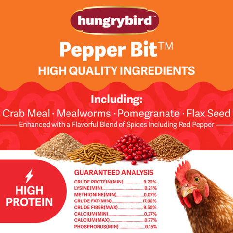 Hungrybird Red Pepper Suet Bits poultry treat for chickens, featuring red pepper flavor and suet texture for poultry nutrition.