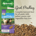 Nutrena Goat Medley complete textured feed bag shown next to loose pellets and grains on a light beige background with descriptive text.