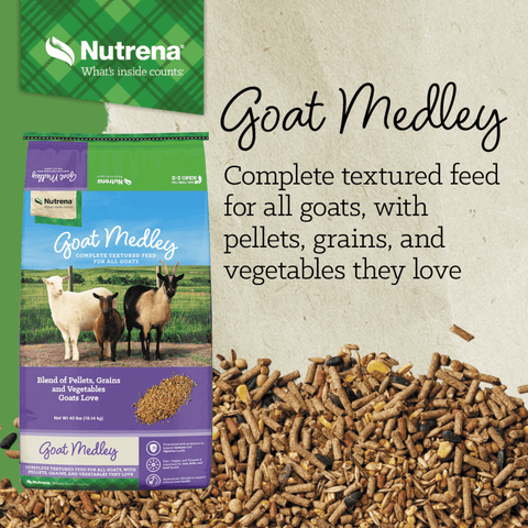 Nutrena Goat Medley complete textured feed bag shown next to loose pellets and grains on a light beige background with descriptive text.