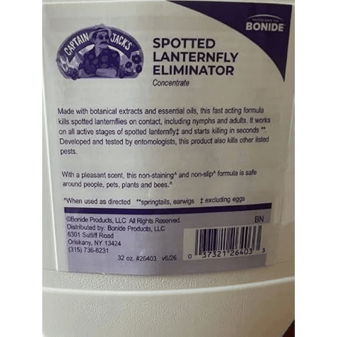 Bonide Spotted Lanternfly Eliminator labell.
Made with botanical extracts and essential oils, this fast acting formula kills spotten lanternflies on contact, including nymphs and adults. It works on all active stages of spotted lanternfly and starts killing in seconds. Developed and tested by entomologists, this product also kills other lsted pests. With a pleasant scent, this non-staining and non-slip formula is safe around people, pets, plants and bees.