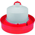 Red Little Giant poultry waterer with legs, 2-gallon capacity, designed for easy access and livestock hydration.