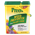 Preen Garden Weed Preventer and Plant Food bag in a garden setting, showing the 16 lb. package for weed control and plant nourishment.