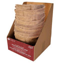 Stack of brown bags in a cardboard box with a red label on a white background