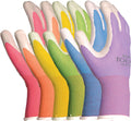 Gloves with a nitrile coating resist moisture and slipping in rainbow colors on a white background.