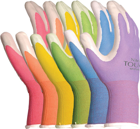 Gloves with a nitrile coating resist moisture and slipping in rainbow colors on a white background.