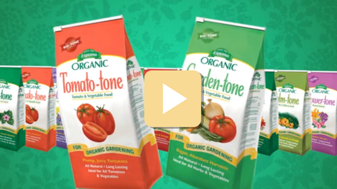 espoma products on a green background with play button overlay