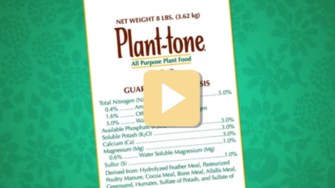 Plant-tone all-purpose plant food packaging with nutritional information on a green background