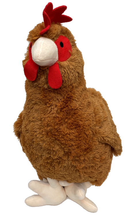 Brown Jumbo Rooster dog toy by Multipet, large plush poultry chew toy for dogs, featuring detailed feathers and a soft texture.