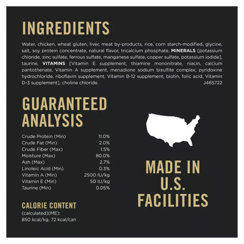 Ingredients and Guaranteed Analysis of Purina Pro Plan Chicken and Rice Canned Cat Food 