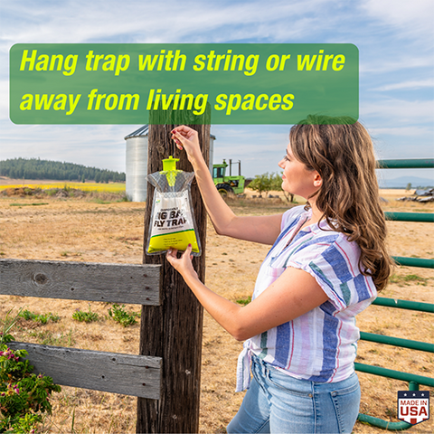 Rescue Big Bag Disposable Fly Trap for large fly populations, showing the trap with attractant and hanging hook for fly control.