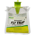 Rescue outdoor disposable fly trap with water-activated lure for effective fly control, shown outdoors with trap hanging.