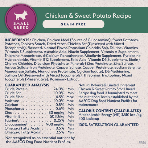 Natural Balance grain-free dog food with chicken and sweet potato for small breeds, showing a bag of Natural Balance dog food.