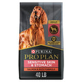 Purina Pro Plan Adult Sensitive Skin & Stomach Salmon and Rice dry dog food bag, showing product packaging and branding.