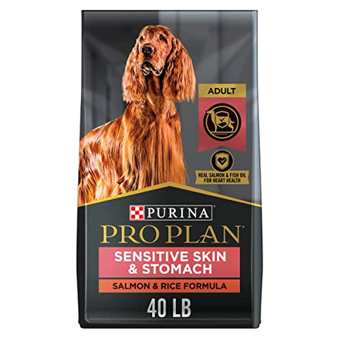 Purina Pro Plan Adult Sensitive Skin & Stomach Salmon and Rice dry dog food bag, showing product packaging and branding.