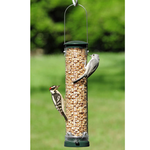 Aspects Spruce Quick-Clean Peanut Mesh Bird Feeder with metal mesh and wooden frame for attracting small garden birds.