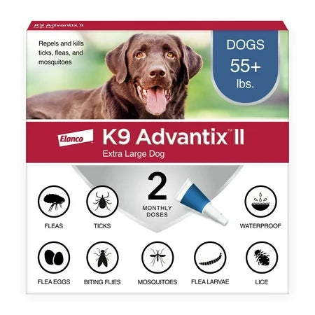 K9 Advantix II flea and tick treatment for large dogs over 55 lb, 2-dose supply, by The Mill, with applicator tube and packaging.