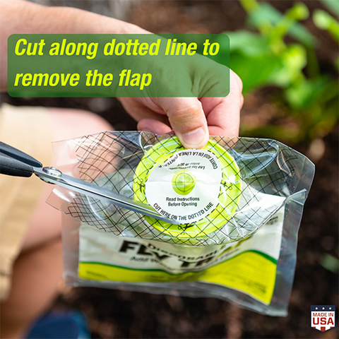 Rescue outdoor disposable fly trap with water-activated lure for fly control, shown with trap and water inside.