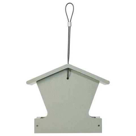 Bird's Choice small hopper bird feeder in sage green recycled plastic with a clear feeding tray and roof.