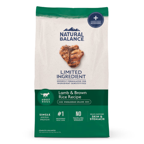 Natural Balance Limited Ingredient Lamb and Brown Rice dry dog food bag showing 24lb packaging and product label.