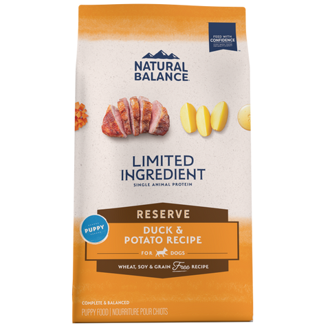 A bag of natural balance duck and potato recipe for puppies