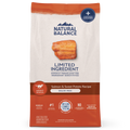 Natural Balance limited ingredient grain-free adult dog food with salmon and sweet potato, dry dog food in a 24lb bag.