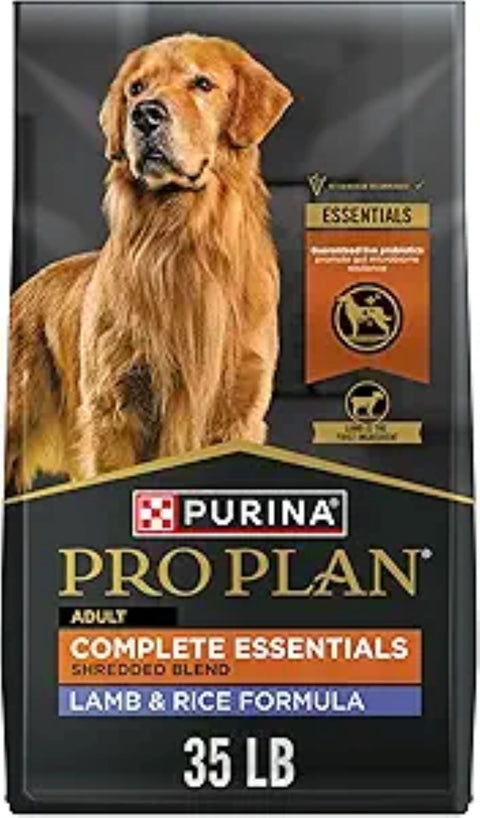 Purina Pro Plan Complete Essentials adult dog food in shredded lamb and rice flavor, 35 lb. bag, dry dog food with nutritious ingredients.