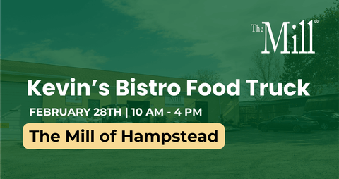 Promotional poster for Kevin's Bistro Food Truck event at The Mill of Hampstead with a blurred background.