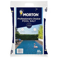 Kissner Morton® 40 lb. pool salt bag for pool cleaning and chemical maintenance, featuring white salt crystals in a sealed bag.