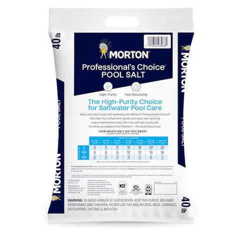 Kissner Morton Pool Salt 40 lb bag for pool cleaning and maintenance, showing the white salt crystals in the bag.