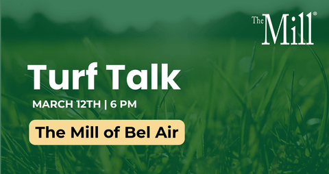 Promotional graphic for 'Turf Talk' event at The Mill of Bel Air with grass background