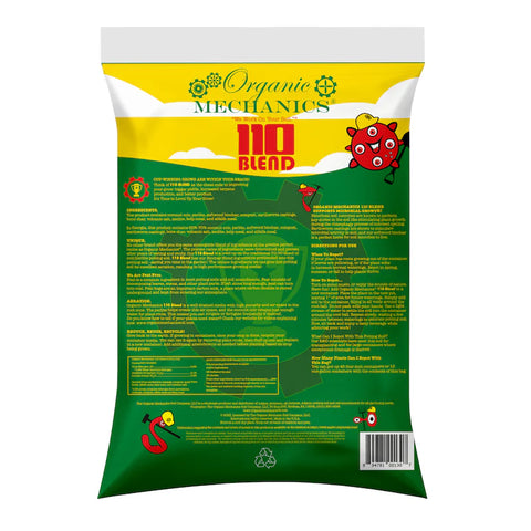 Organic Mechanics 110 Blend Potting Soil in 1.8 cu ft bag, showing rich, dark organic soil suitable for gardening and container planting.