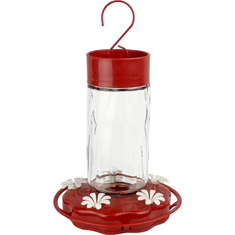 Nature’s Way Scarlet Swirl glass hummingbird feeder, 20 oz, with red and clear glass design and feeding ports for hummingbirds.