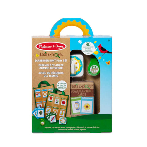 Melissa & Doug Let's Explore In/Out Scavenger Hunt toy set with colorful cards and game pieces for kids' outdoor and indoor play.