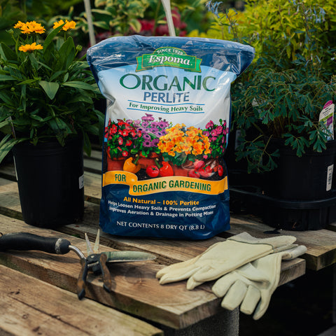 Bag of Espoma Organic Perlite on a wooden table with gardening tools and gloves, surrounded by plants.