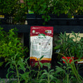 A bag of Organic Gardening Plant Food placed on a black nursery shelf surrounded by green plants.