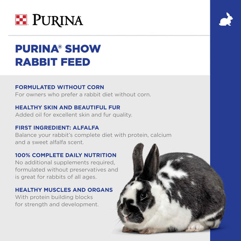Bag of Purina Show Rabbit Feed for pets, showing the packaging with rabbit images and product details.