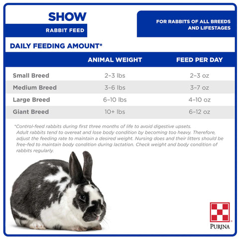 Purina Show Rabbit Feed in a bag, designed for pet rabbits, with feeding charts and instructions visible on the packaging.