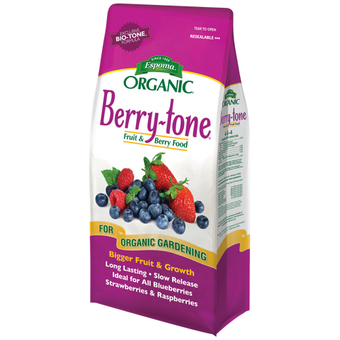 Espoma Organic Berry-tone fertilizer bag showing colorful label and product branding for nourishing berry plants.