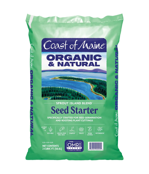 Coast of Maine Sprout Island organic seed starter in a garden supply bag, ideal for starting vegetable and flower seeds indoors.