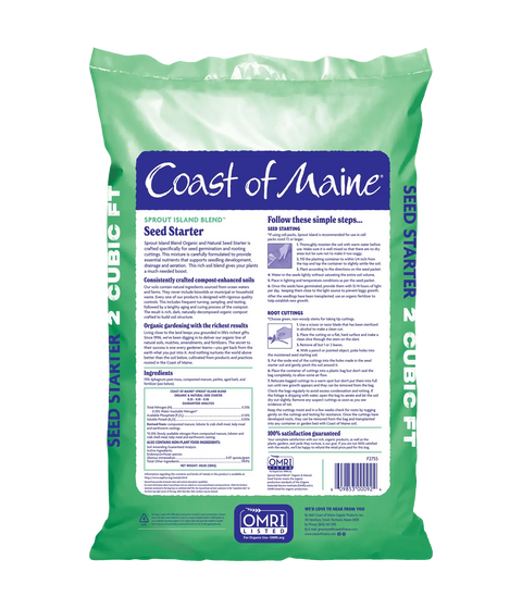 Coast of Maine Sprout Island Organic Seed Starter in a garden supply bag, ready for planting and sprouting seedlings.