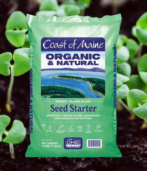 Coast of Maine Sprout Island organic seed starter in a garden setting, ready for planting with healthy seedlings.
