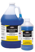 Durvet Chlorhexidine 2% solution for horses and dogs, showing the bottle and label in a veterinary supply setting.