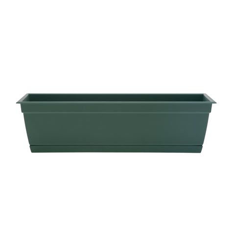Bloem Dayton window box planter in white with soil and green plants, perfect for outdoor garden decoration.