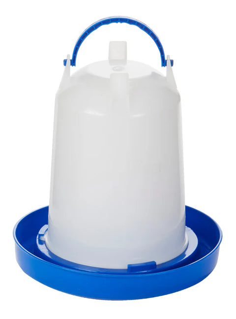 Blue and white Double-Tuf Poultry Waterer with legs by Miller Manufacture, 1.5 Qt. livestock waterer for chickens.